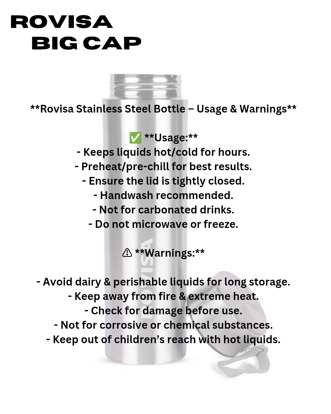 ROVISA Big Cap 900ml Stainless Steel Water Bottle – Leak-Proof, Lightweight & Eco-Friendly